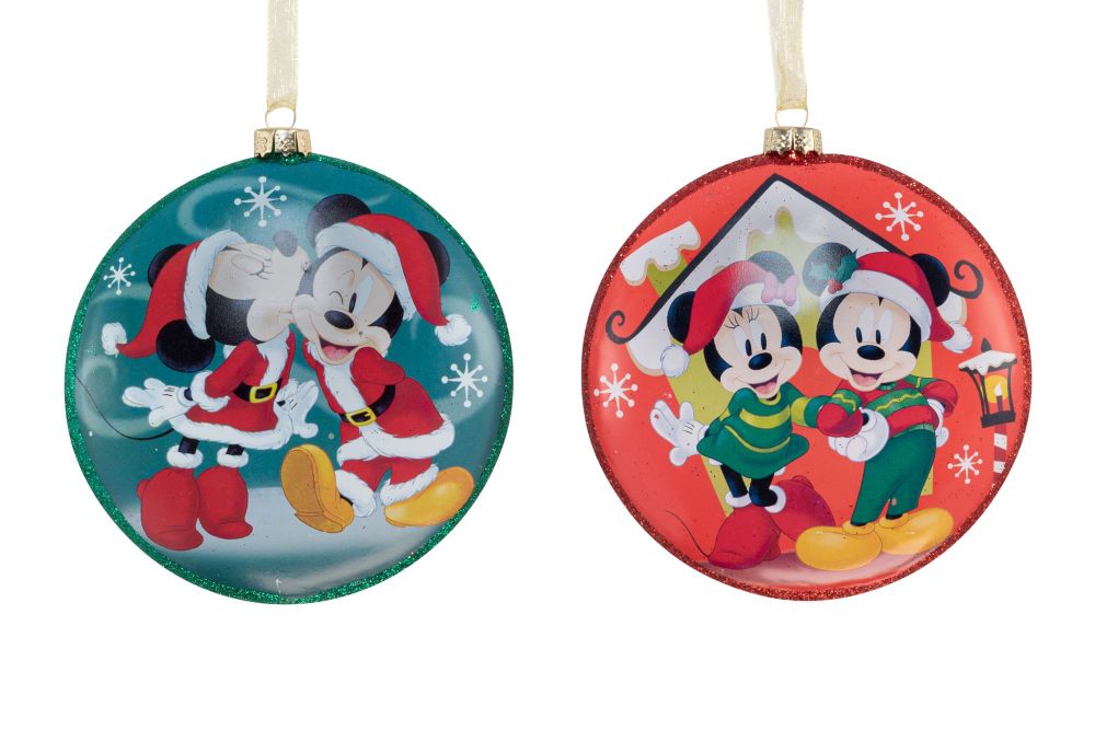 Set of 2 Diseney Mickey & Minnie Glass Disk Hanging Ornaments