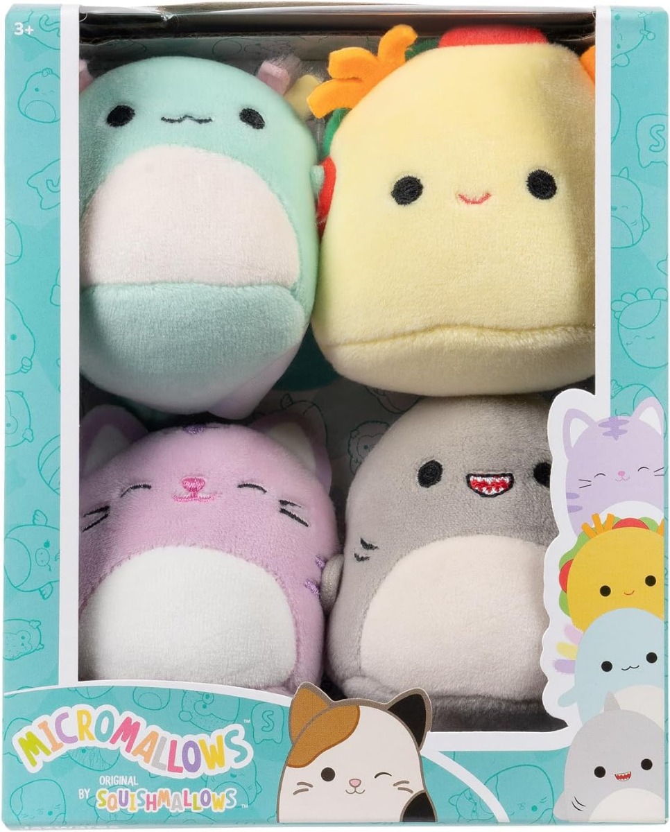 Micromallows Squishmallows Original 4-Pack Irina Axolotl, Tabitha Cat, Tex Taco, Gordon Shark