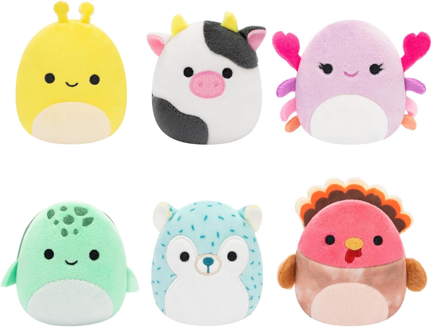 Micromallows Squishmallows 6-Pack – Cailey Crab, Cole Turtle, Connor Cow, Gavi Turkey, Hasani Hedgehog, Zarina Banana Slug