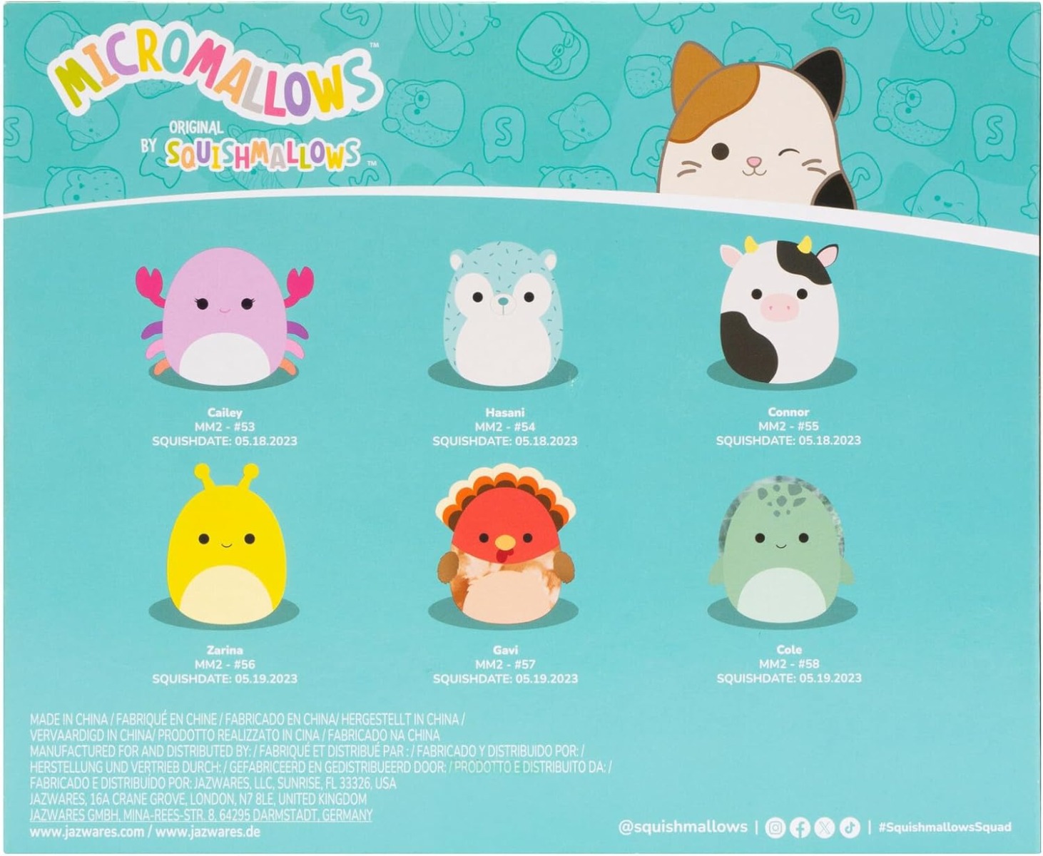 Micromallows Squishmallows 6-Pack – Cailey Crab, Cole Turtle, Connor Cow, Gavi Turkey, Hasani Hedgehog, Zarina Banana Slug