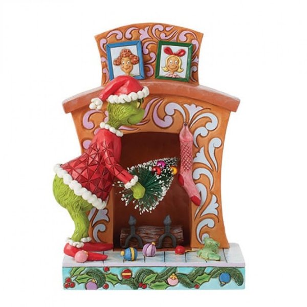 Jim Shore Grinch Pushing Tree up Fireplace Figurine