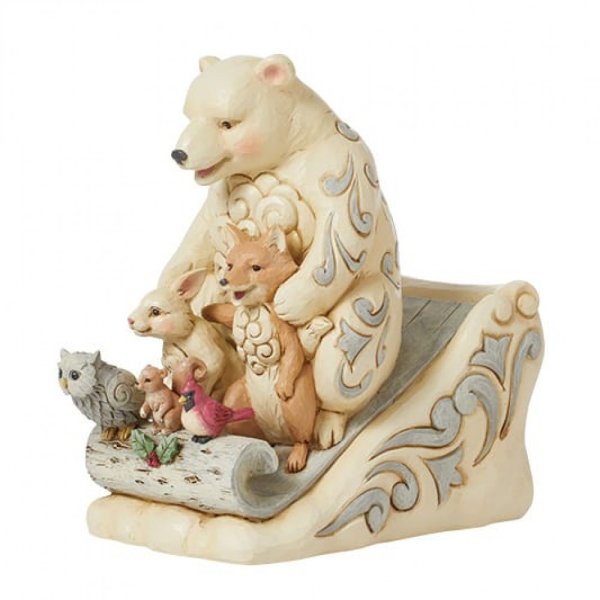 Jim Shore Heartwood Creek White Woodland Animals on Toboggan Figurine