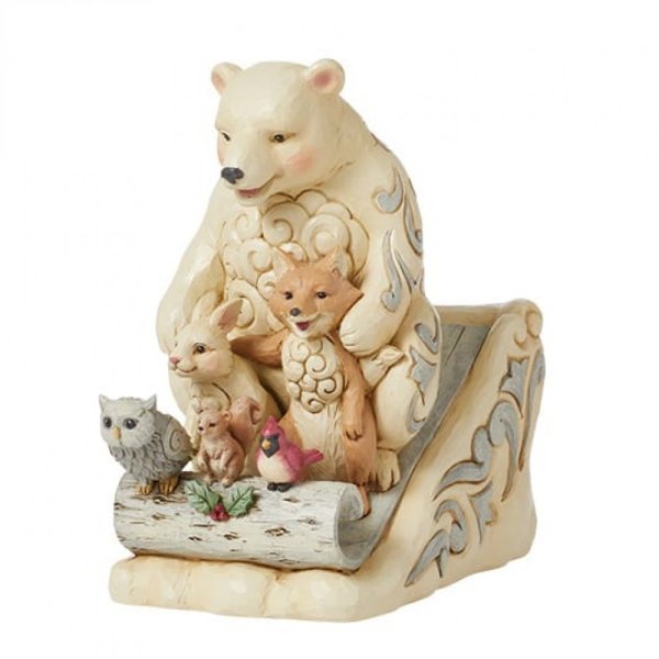 Jim Shore Heartwood Creek White Woodland Animals on Toboggan Figurine