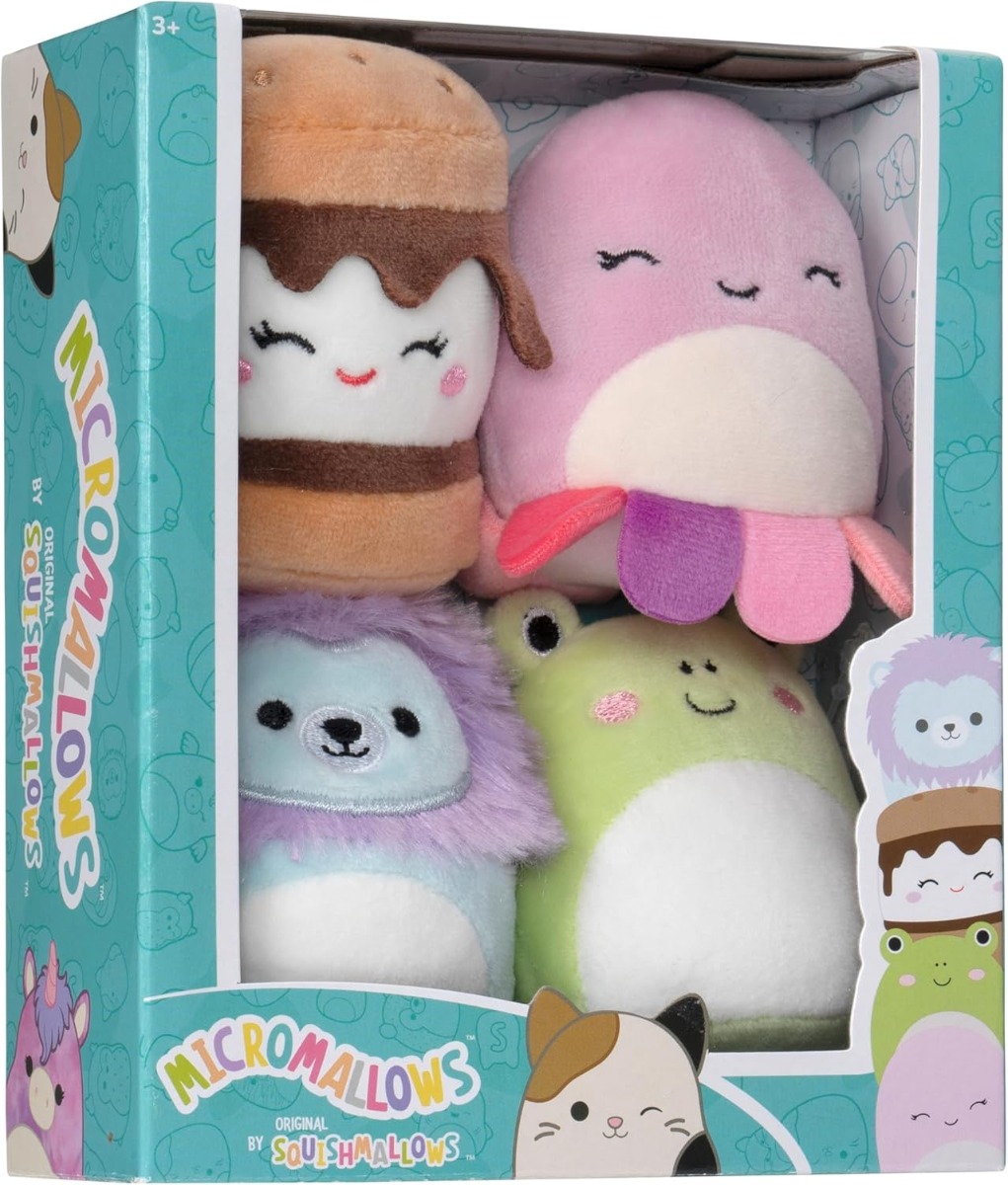 Micromallows Squishmallows Original 4-Pack – Carmelita S'mores, Jeanne Octopus, Luciano Lion, Wendy Frog