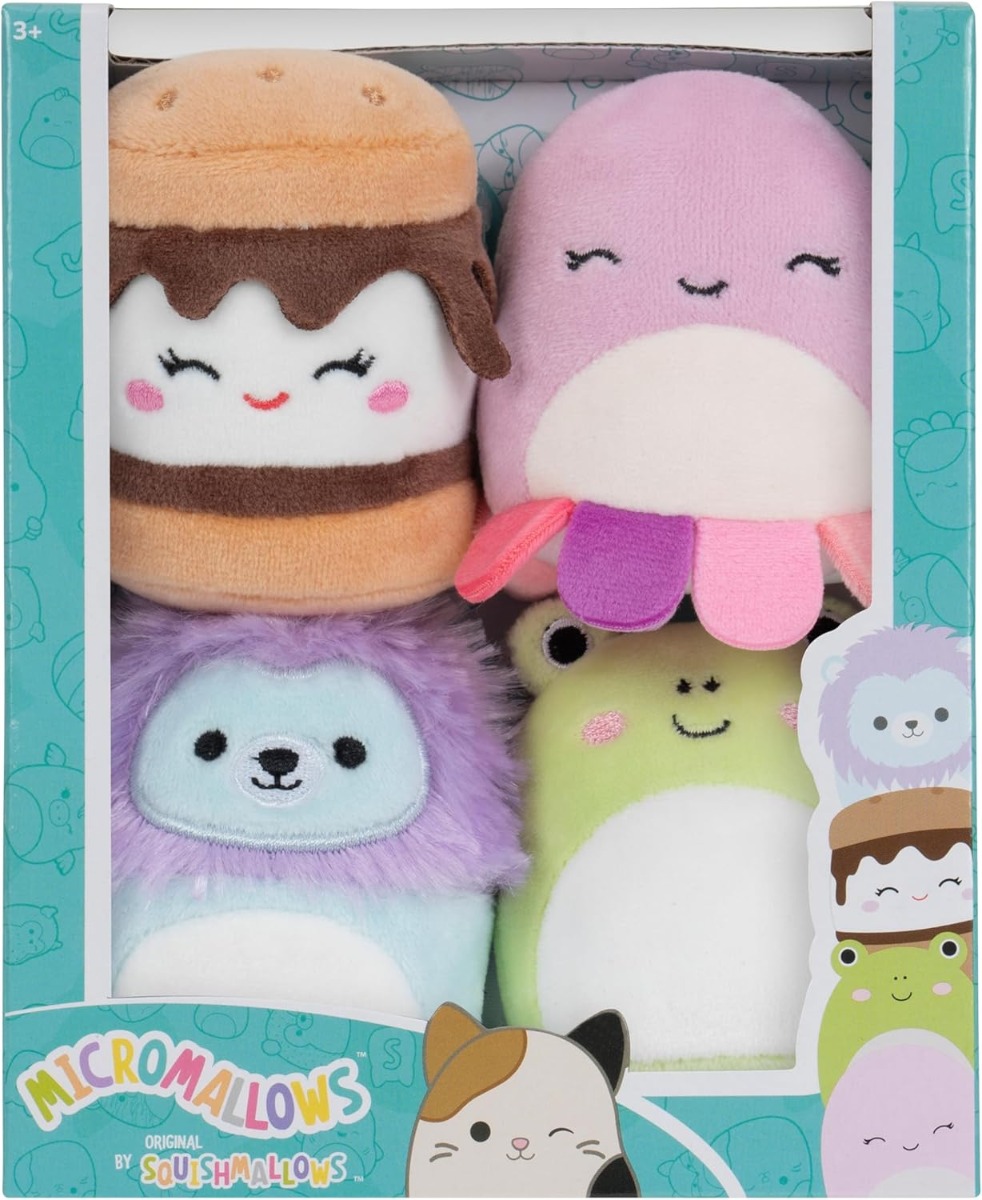 Micromallows Squishmallows Original 4-Pack – Carmelita S'mores, Jeanne Octopus, Luciano Lion, Wendy Frog