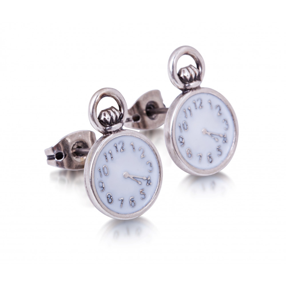 Disney Alice in Wonderland White Gold-Plated Pocket Watch Clock Earrings - DYE0705