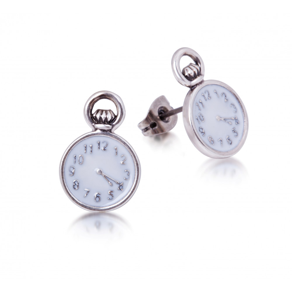 Disney Alice in Wonderland White Gold-Plated Pocket Watch Clock Earrings - DYE0705