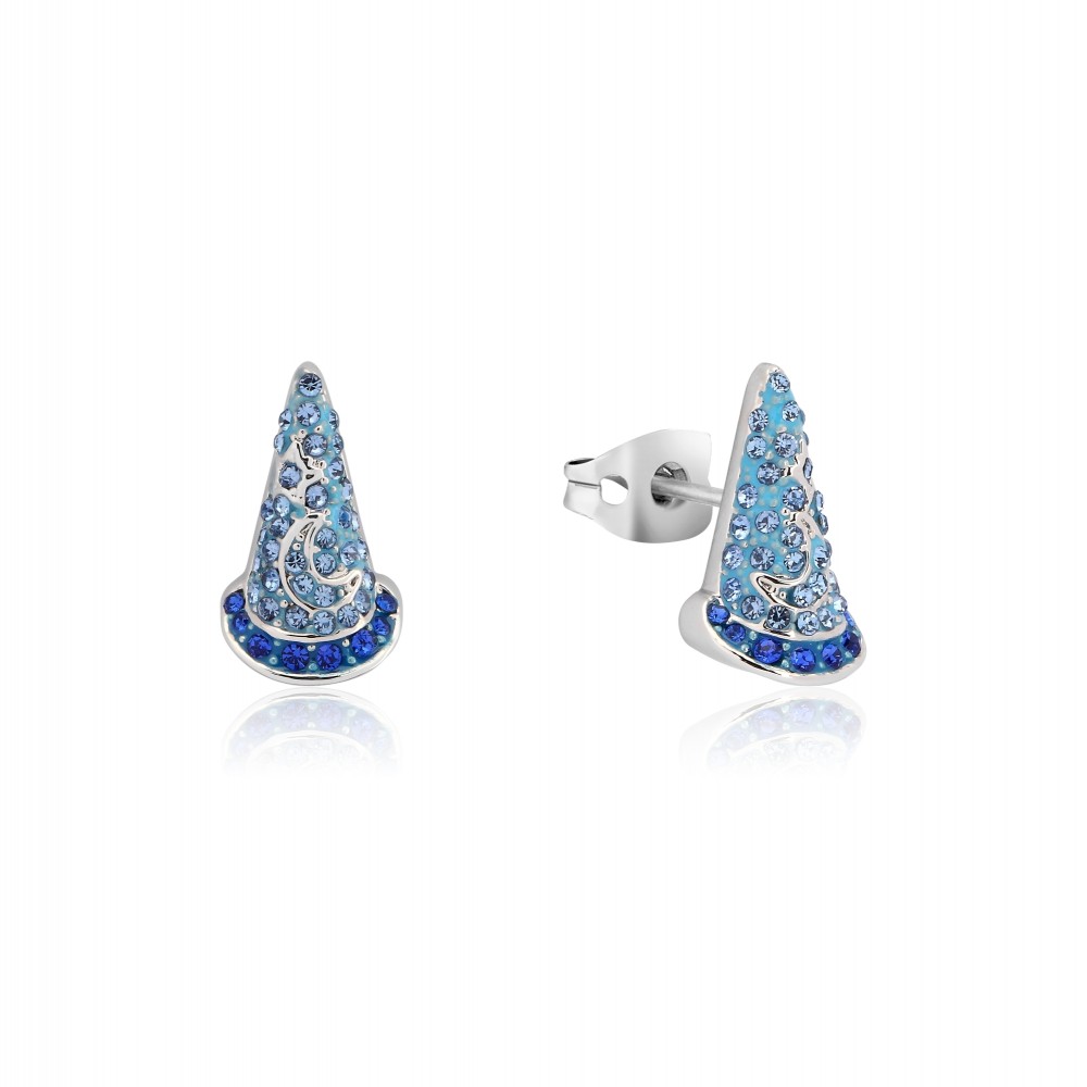 Disney Fantasia Sorcerer's Apprentice Mickey White Gold-Plated Crystal Hat Stud Earrings