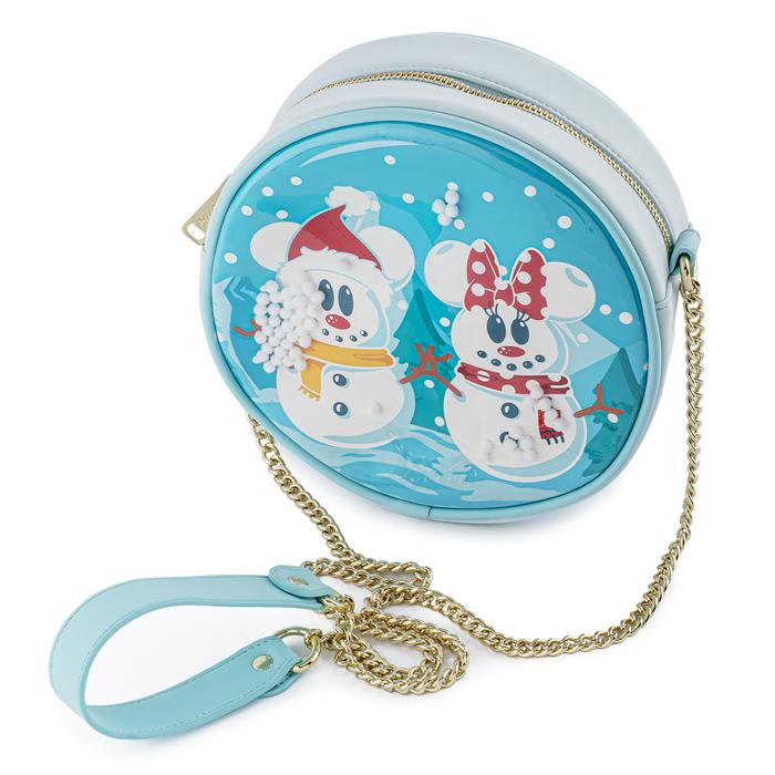 LOUNGEFLY DISNEY SNOWMAN MICKEY MINNIE SNOW GLOBE CROSSBODY BAG