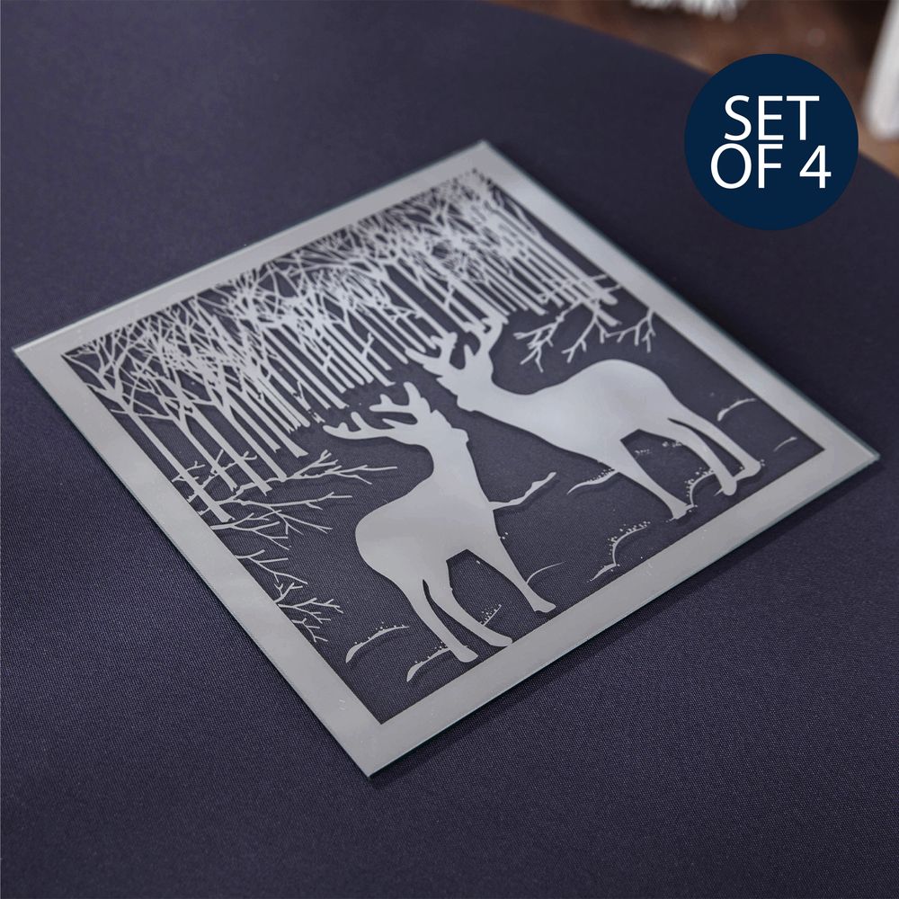 Set of 4 Mirror Glass Reindeer Christmas Placemats - 25cm - XM7680