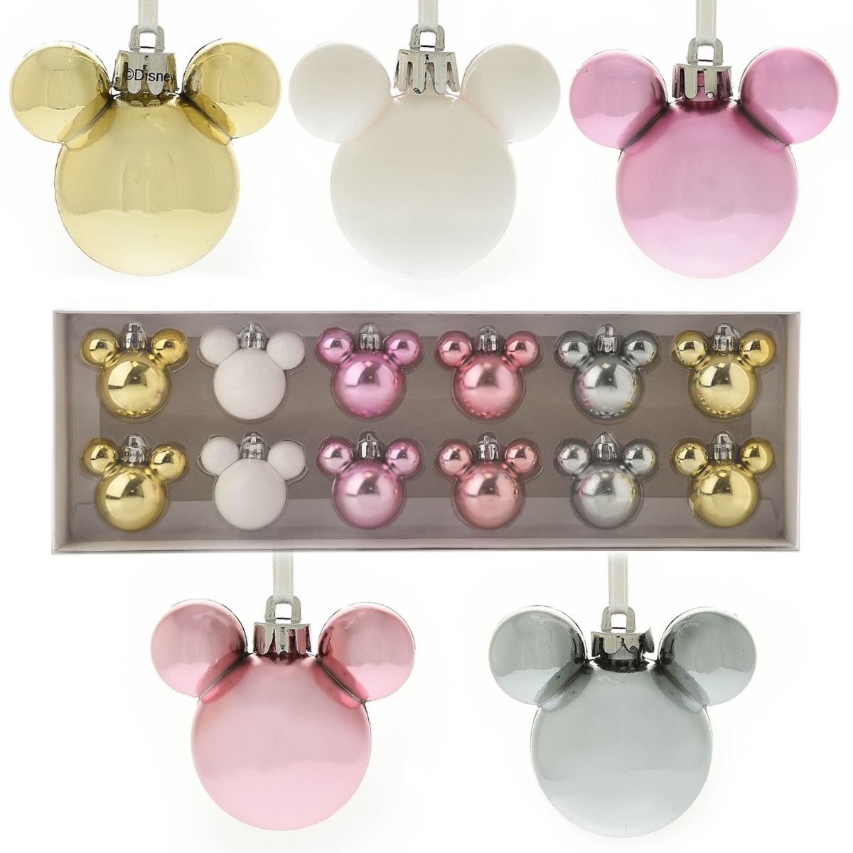 Set of 12 Mini Mickey Baubles Assorted Finishes - Pale colours